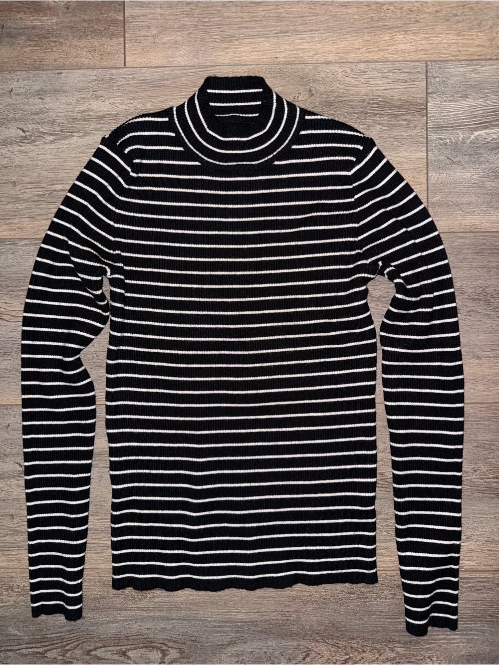 Women's Black & White Striped Turtleneck Sweater